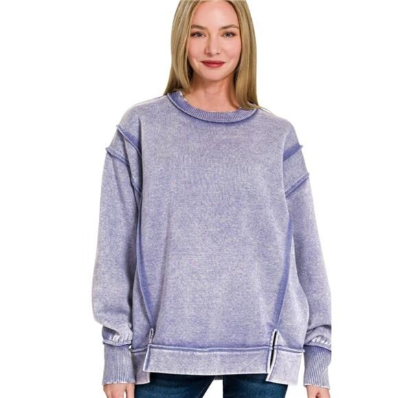 Zenana Acid Wash Exposed-seam Fleece Sweatshirt - Picture 1 of 3